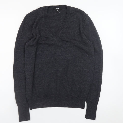 Uniqlo Women's Black Wool V-Neck Jumper M Long Sleeve Pullover