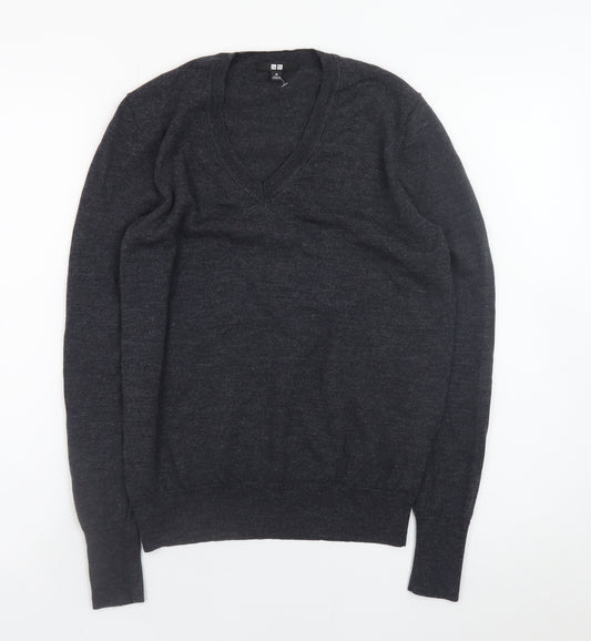 Uniqlo Women's Black Wool V-Neck Jumper M Long Sleeve Pullover