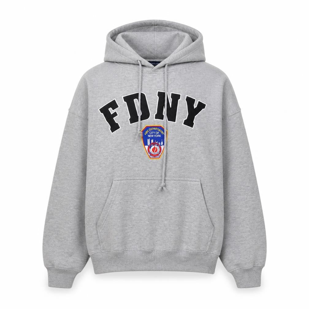 Front view of FDNY Men's Grey Pullover Hoodie, size S, Embroidered Logo Sweatshirt