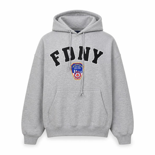 Front view of FDNY Men's Grey Pullover Hoodie, size S, Embroidered Logo Sweatshirt