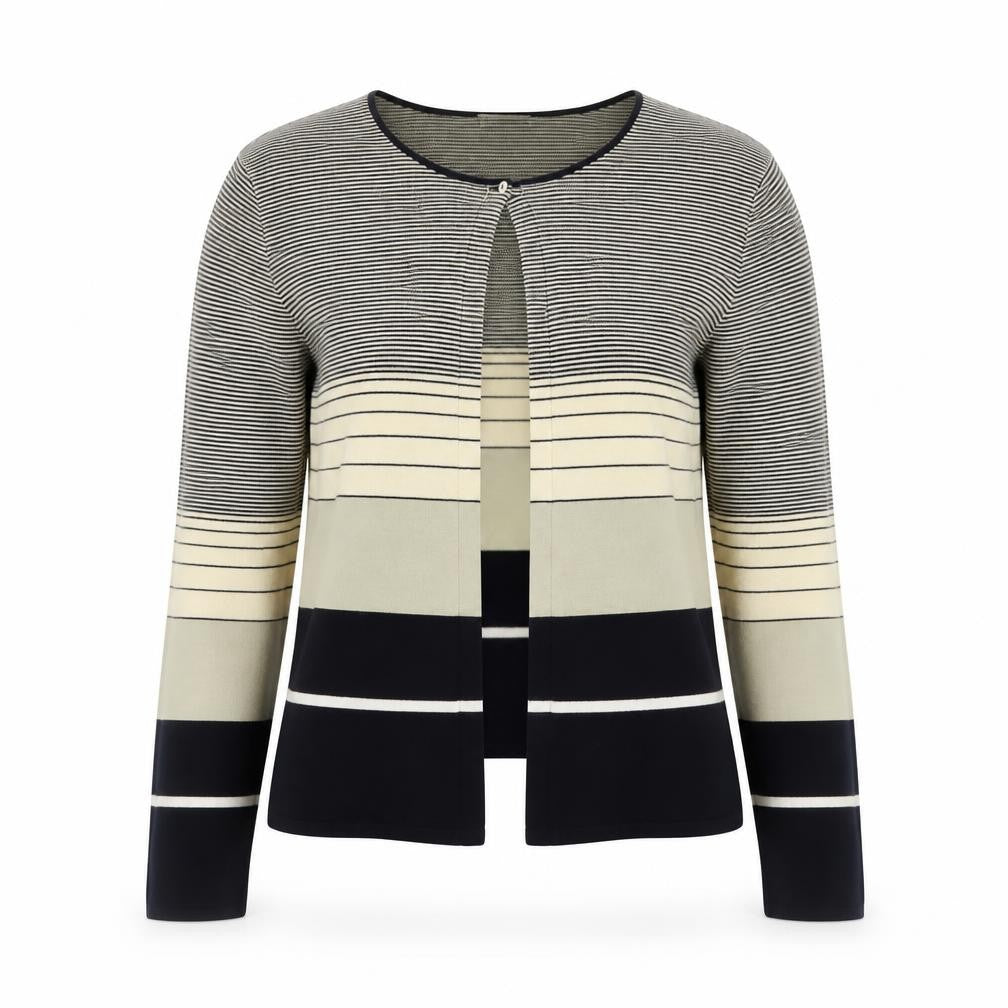 Front view of Planet women’s black beige striped knit cardigan, size L