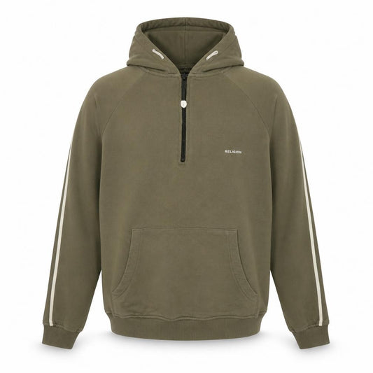 Front view of Religion Men’s Green Small Half Zip Hoodie with Logo
