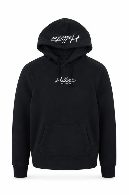 Front view of Hollister Men's Black Pullover Hoodie S Fleece Regular Fit Logo