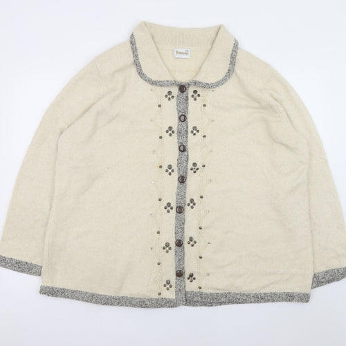 Roman Originals Womens Beige 2XL Collared Embellished Knit Cardigan