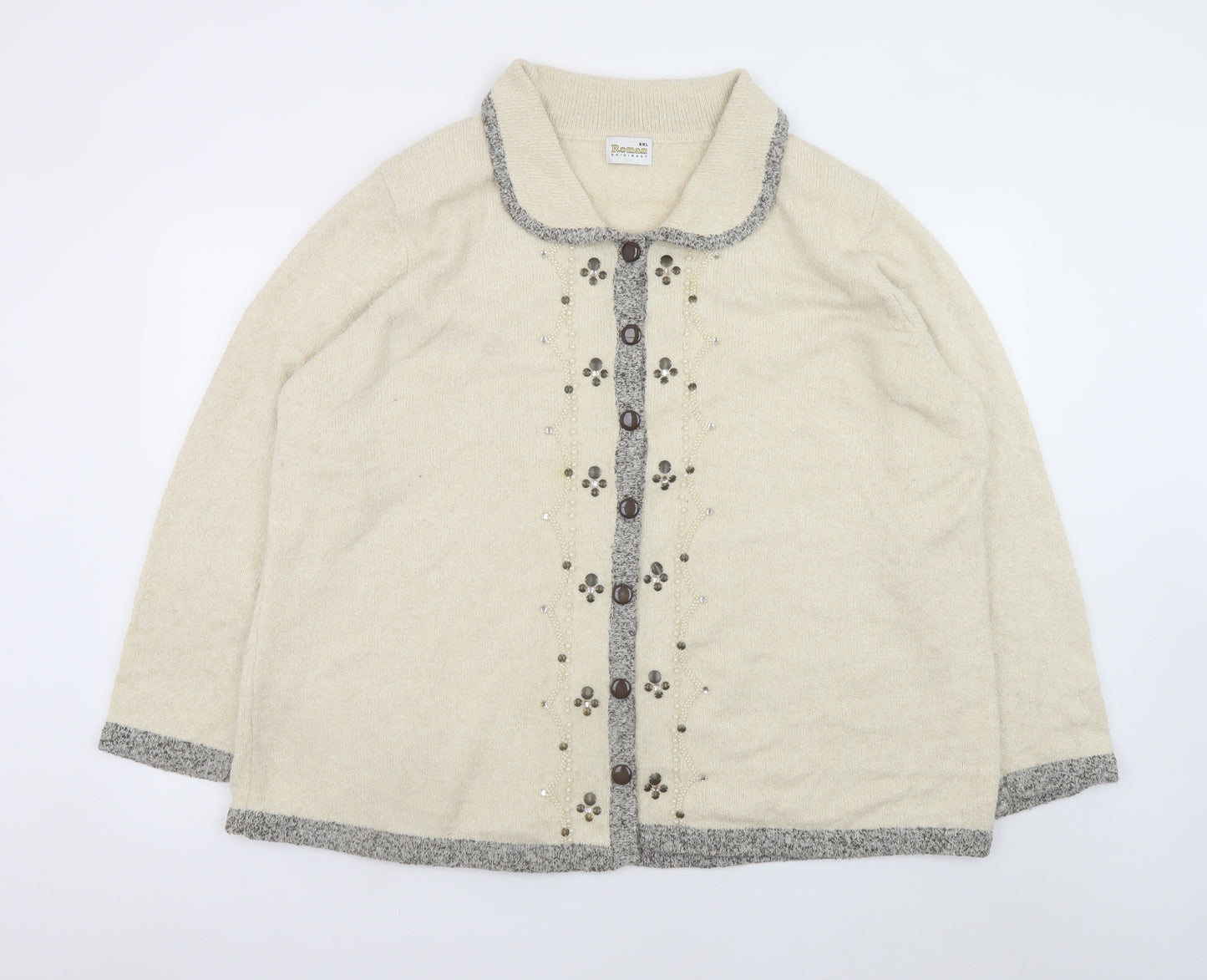 Roman Originals Womens Beige 2XL Collared Embellished Knit Cardigan