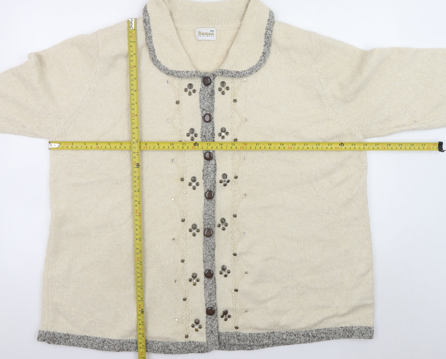Roman Originals Womens Beige 2XL Collared Embellished Knit Cardigan