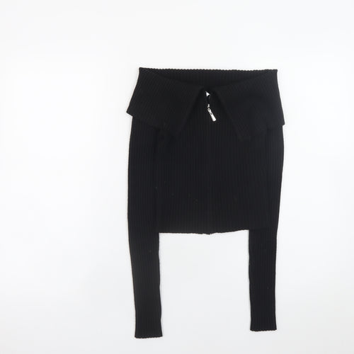 Bershka Women Black Collared Zip Front Knit Jumper Size 12