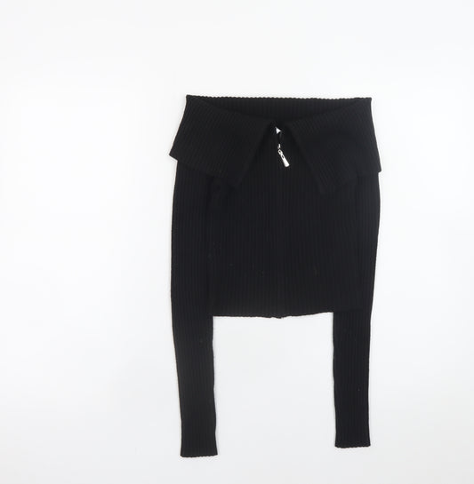 Bershka Women Black Collared Zip Front Knit Jumper Size 12
