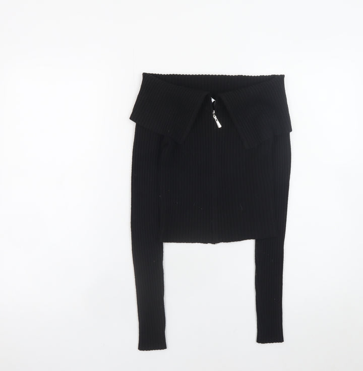 Bershka Women Black Collared Zip Front Knit Jumper Size 12
