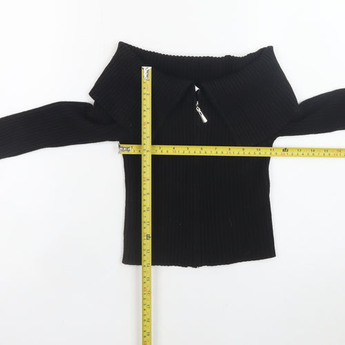 Bershka Women Black Collared Zip Front Knit Jumper Size 12