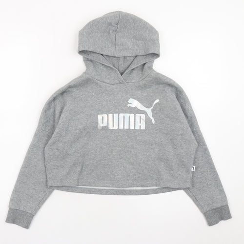 Puma Girls Grey Hooded Pullover Sweatshirt 7-8 Years Cropped Logo Style