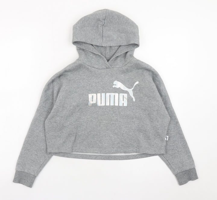 Puma Girls Grey Hooded Pullover Sweatshirt 7-8 Years Cropped Logo Style