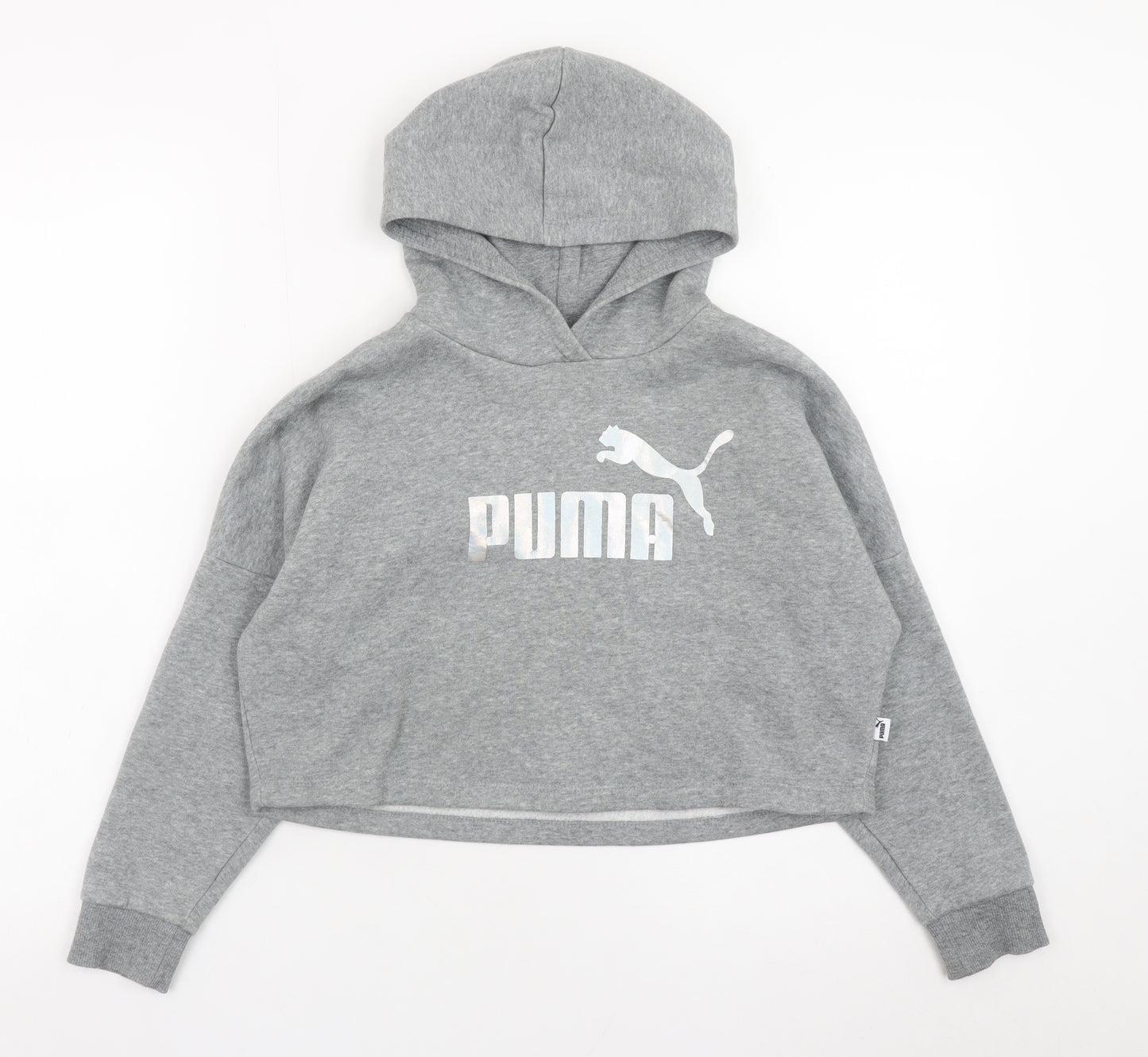 Puma Girls Grey Hooded Pullover Sweatshirt 7-8 Years Cropped Logo Style
