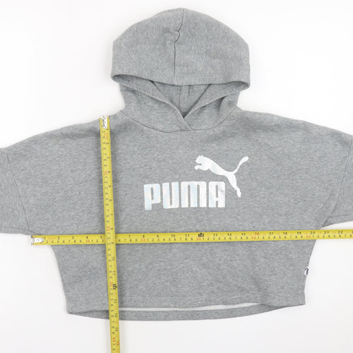 Puma Girls Grey Hooded Pullover Sweatshirt 7-8 Years Cropped Logo Style