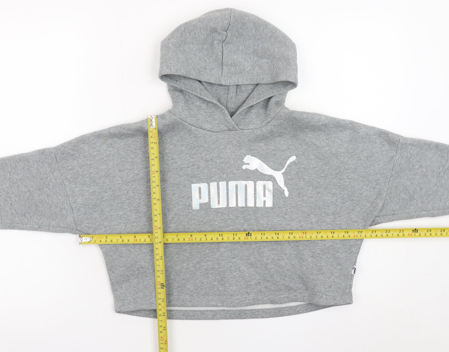 Puma Girls Grey Hooded Pullover Sweatshirt 7-8 Years Cropped Logo Style