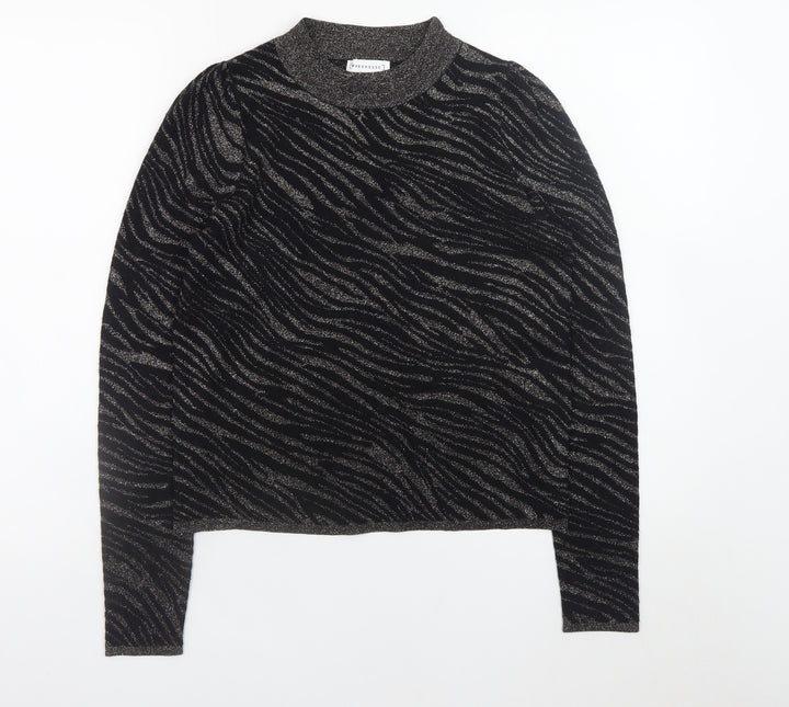 Warehouse Women's Black Metallic Animal Print High Neck Jumper Size 6