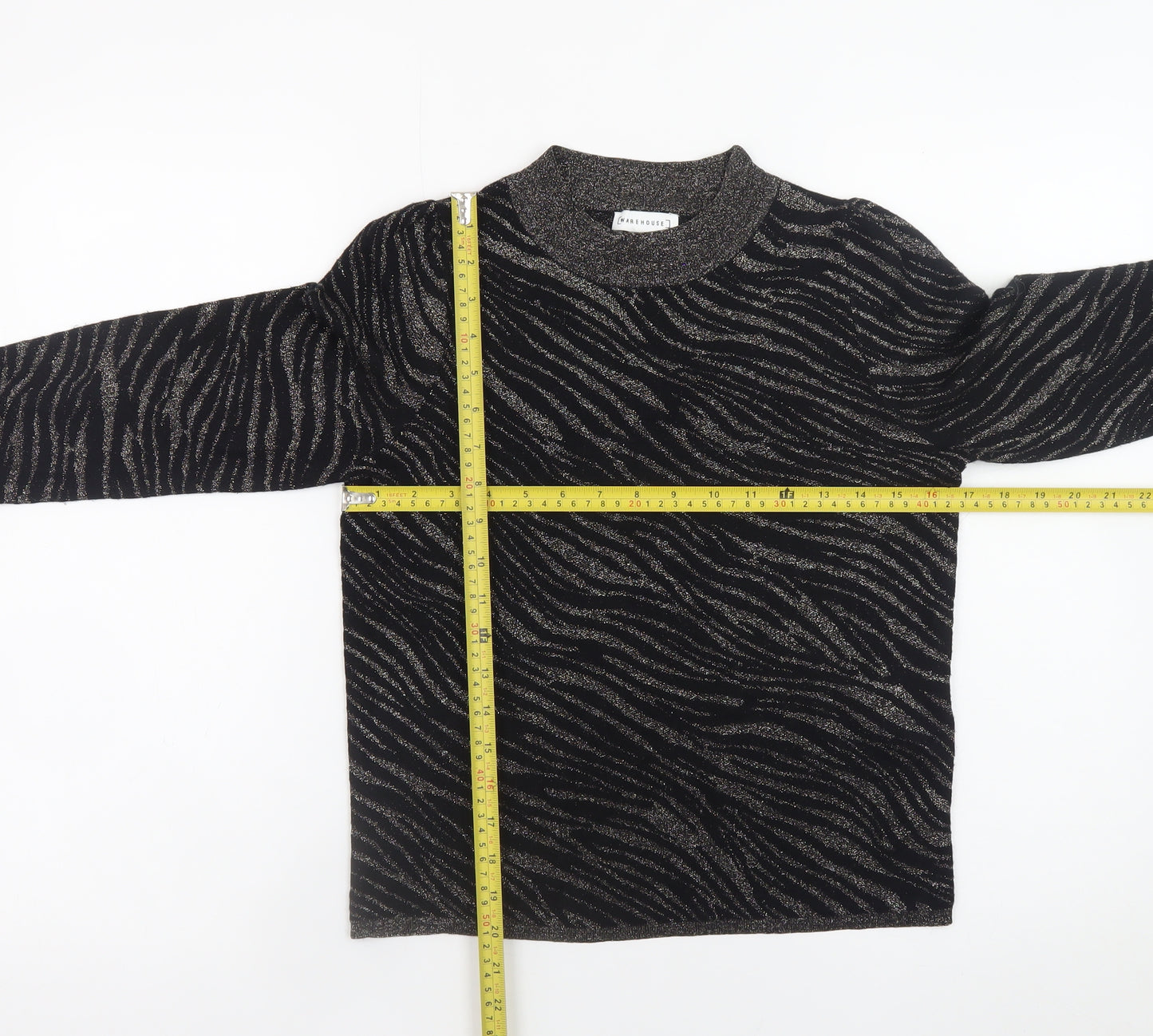 Warehouse Women's Black Metallic Animal Print High Neck Jumper Size 6