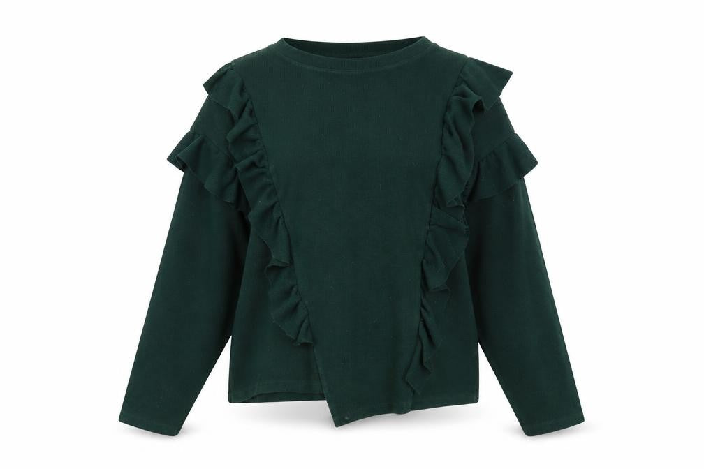 Front view of Bershka Women’s Green Ruffle jumper, size UK 12