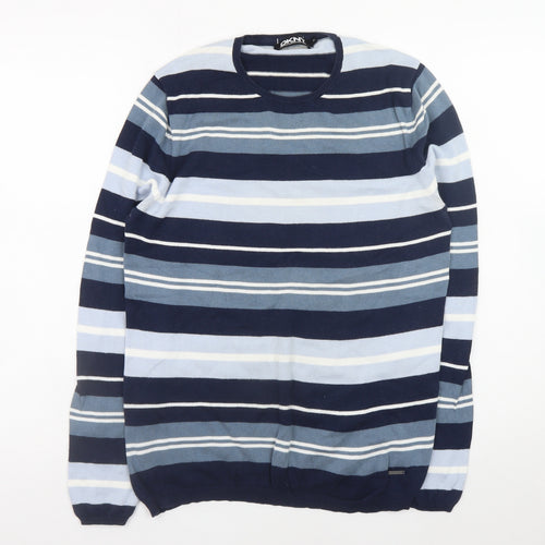 DKNY Men's Blue Striped Cotton Crew Neck Pullover Jumper Size M