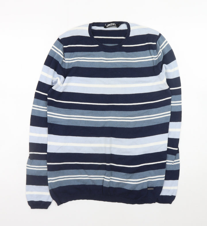 DKNY Men's Blue Striped Cotton Crew Neck Pullover Jumper Size M