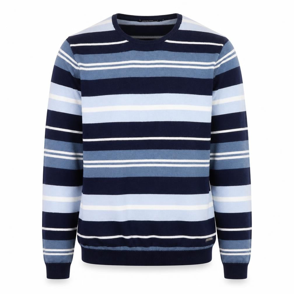 Front view of DKNY Men's Blue Striped Cotton Crew Neck jumper, size M
