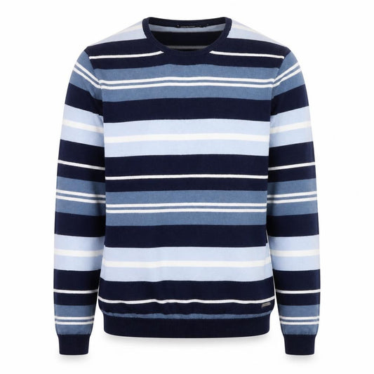 Front view of DKNY Men's Blue Striped Cotton Crew Neck jumper, size M