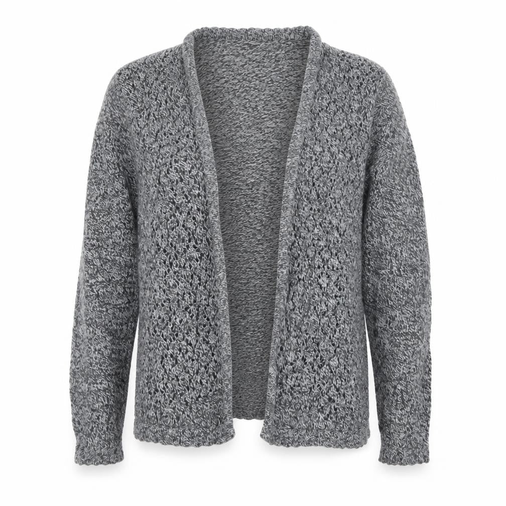 Front view of EWM women’s grey open knit cardigan, size UK 14-16, cotton blend