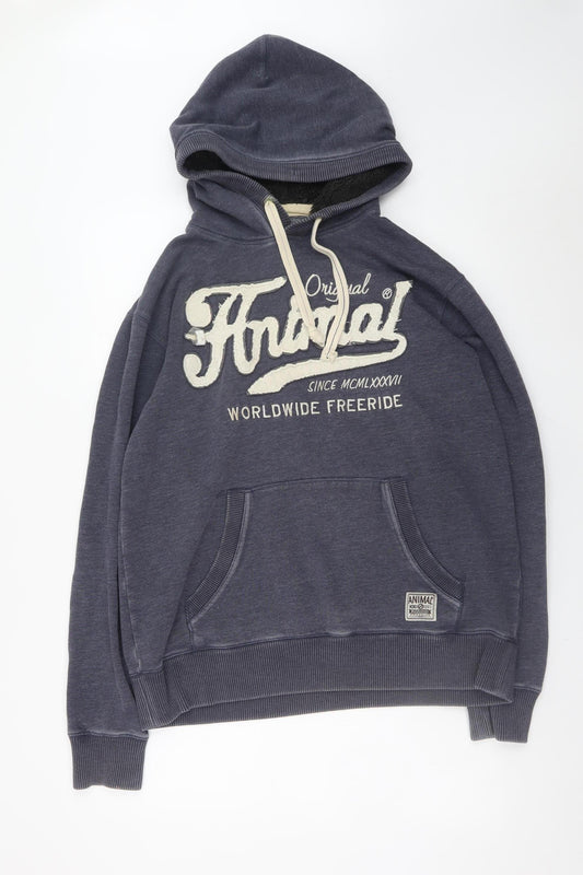 Animal Men Blue Pullover Hoodie L Hooded Graphic Print Fleece Lined Sweatshirt
