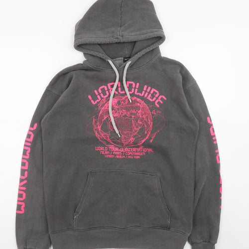 PrettyLittleThing Women's Grey Hoodie Small Worldwide Graphic Pullover