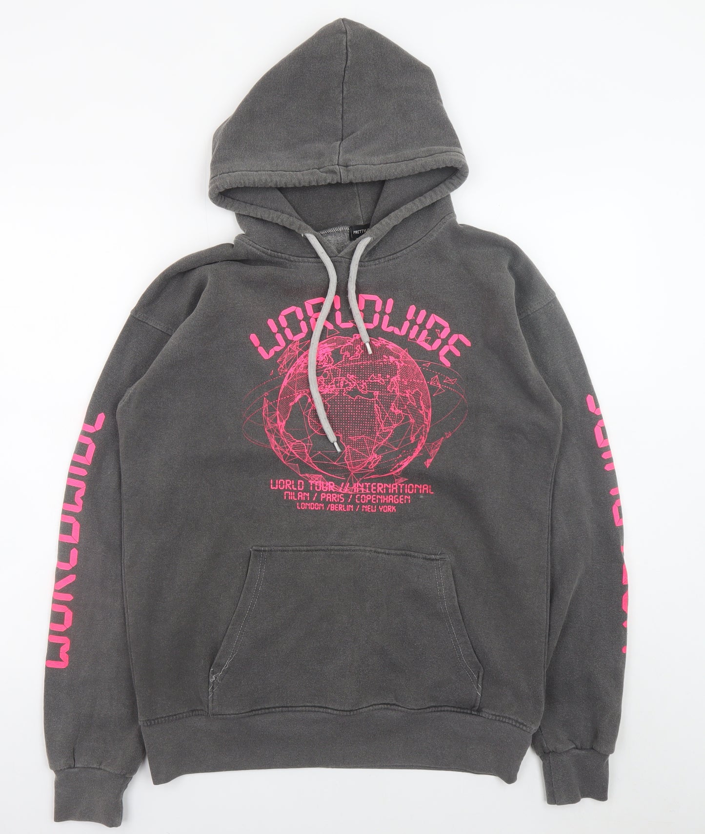 PrettyLittleThing Women's Grey Hoodie Small Worldwide Graphic Pullover