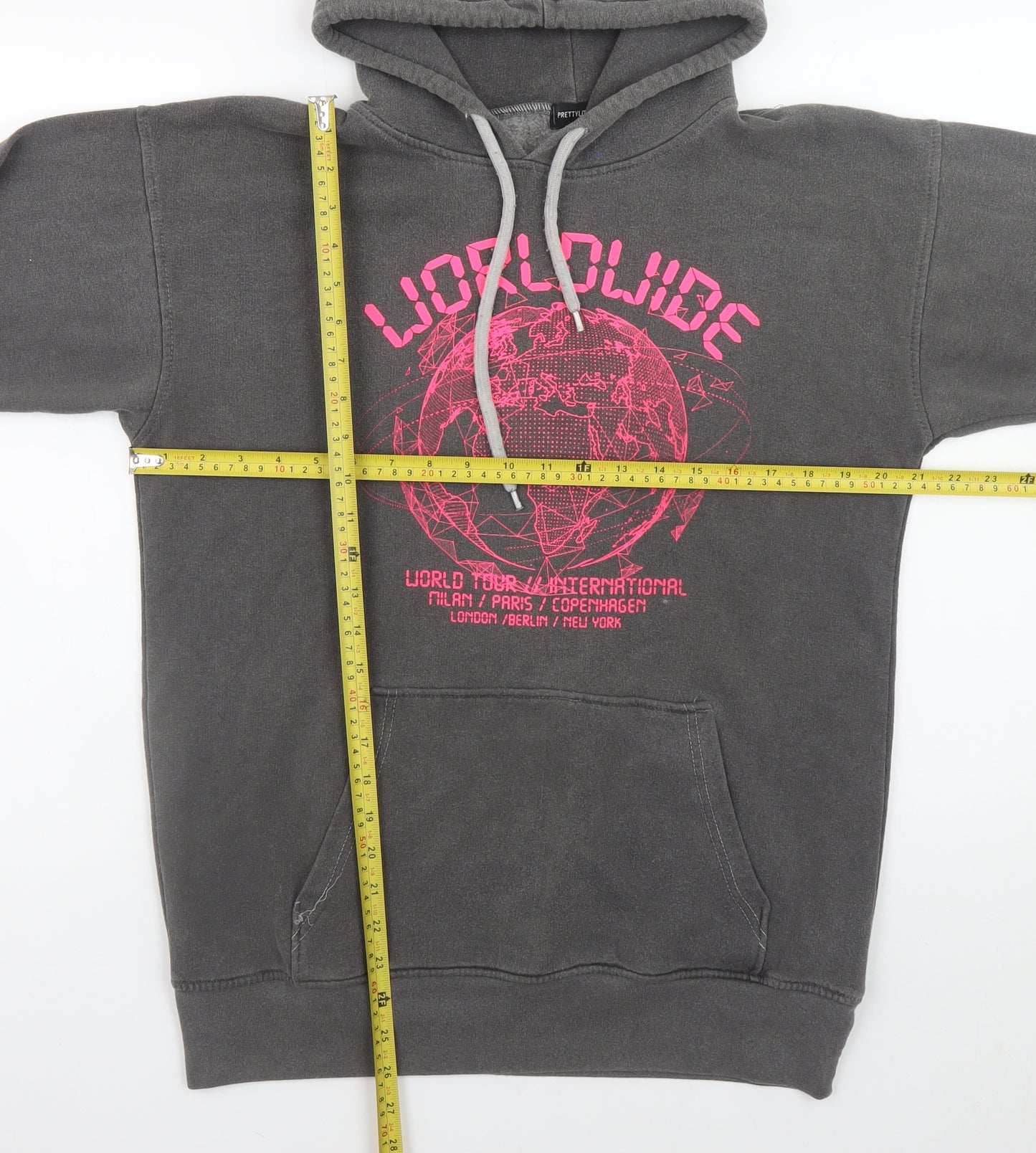 PrettyLittleThing Women's Grey Hoodie Small Worldwide Graphic Pullover