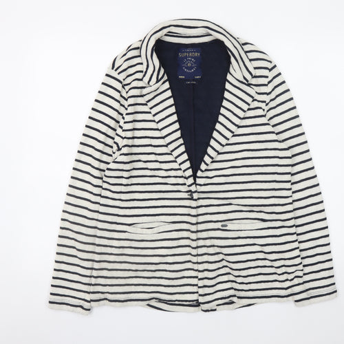Superdry Womens White Striped Knit Cardigan L Collared Long Sleeve