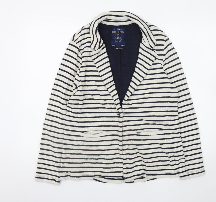 Superdry Womens White Striped Knit Cardigan L Collared Long Sleeve