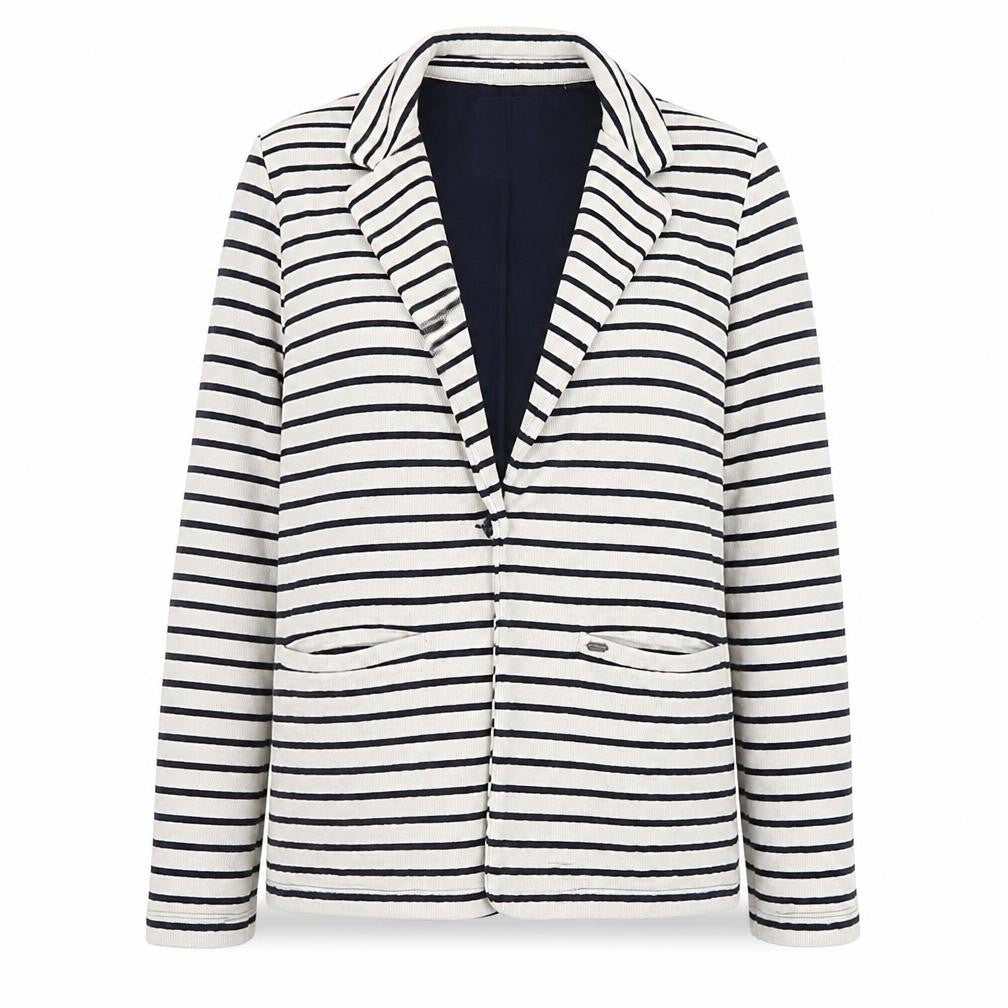 Front view of Superdry women’s white striped knit cardigan l collared long sleeve