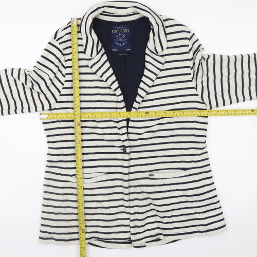 Superdry Womens White Striped Knit Cardigan L Collared Long Sleeve