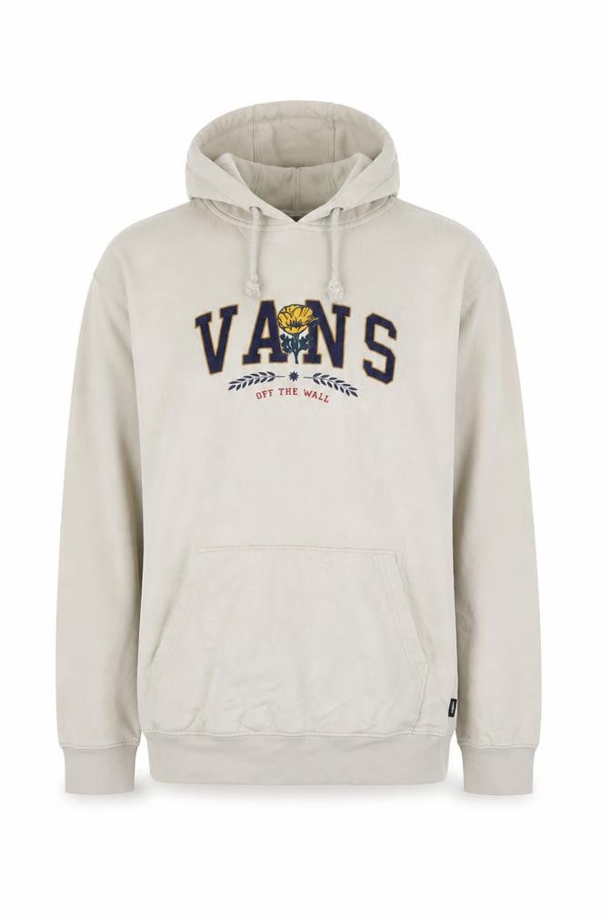 Front view of Vans men’s beige small pullover hoodie embroidered logo sweatshirt