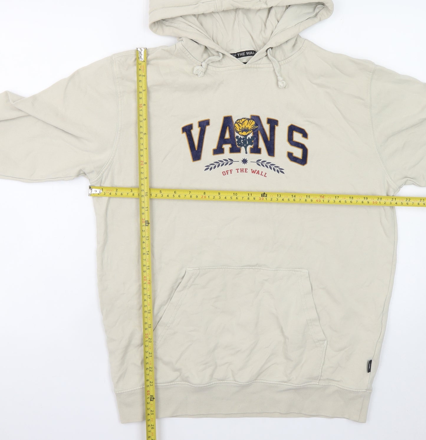 Vans Mens Beige Small Pullover Hoodie Embroidered Logo Sweatshirt