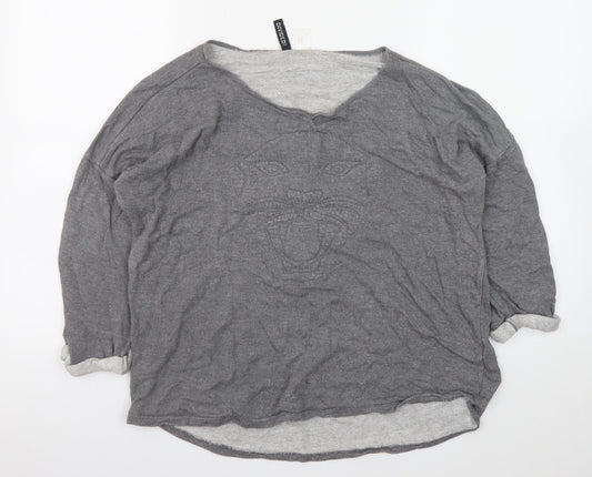 H&M Divided Women Grey Large Pullover Sweatshirt with Tiger Motif