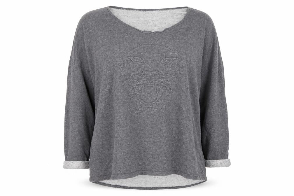 Front view of H&M Divided Women Grey Large Pullover Sweatshirt with Tiger Motif