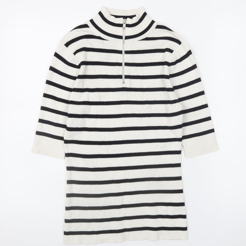 Very Women’s White Striped 1/2 Zip Mock Neck Ribbed Jumper Size 12