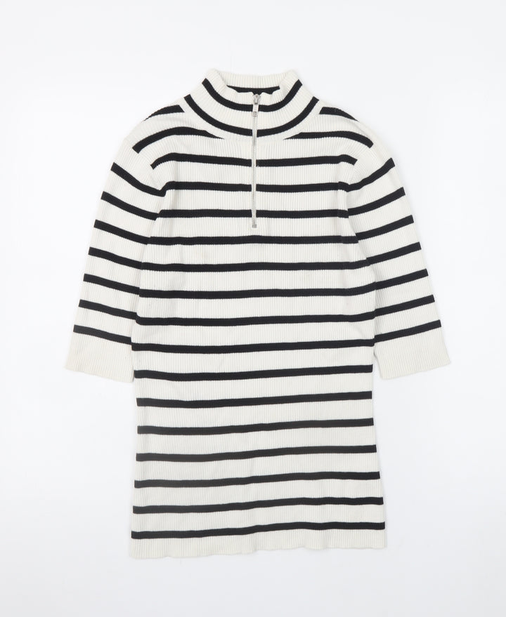 Very Women’s White Striped 1/2 Zip Mock Neck Ribbed Jumper Size 12