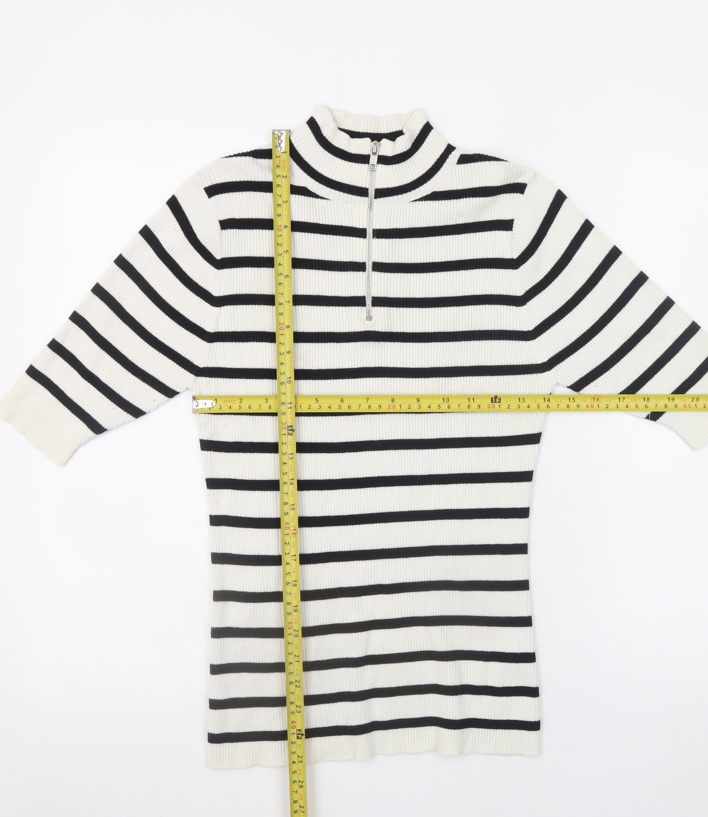 Very Women’s White Striped 1/2 Zip Mock Neck Ribbed Jumper Size 12