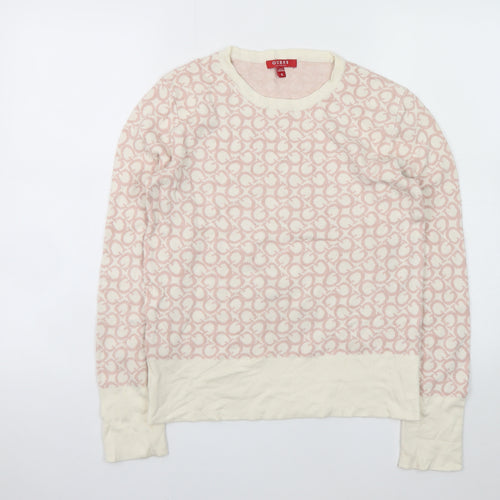 Guess Women Cream Pink Logo Knit Jumper XL Long Sleeve Crew Neck