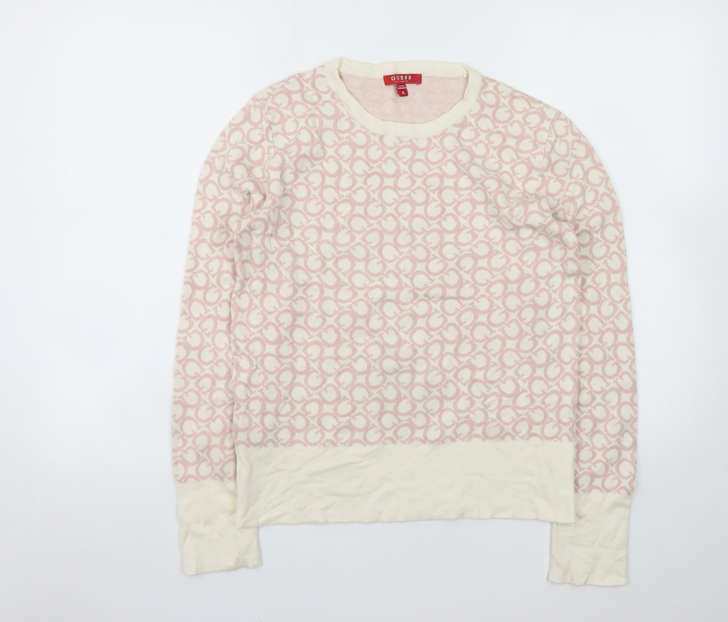 Guess Women Cream Pink Logo Knit Jumper XL Long Sleeve Crew Neck