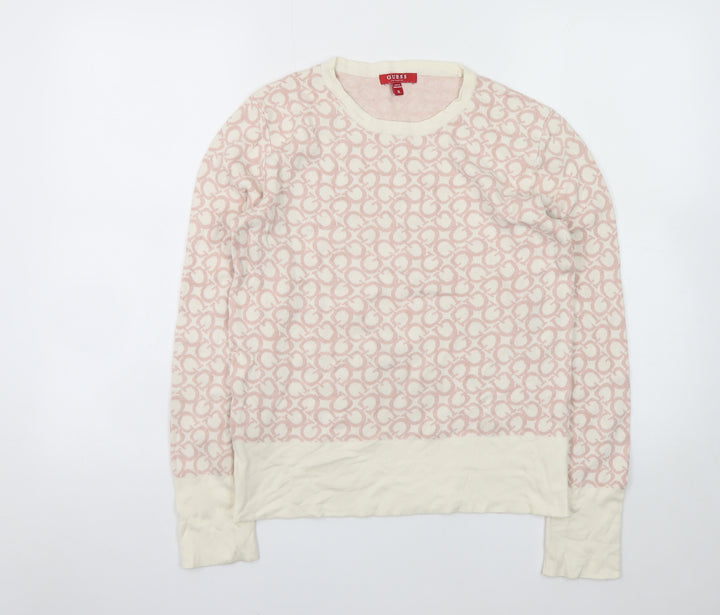 Guess Women Cream Pink Logo Knit Jumper XL Long Sleeve Crew Neck