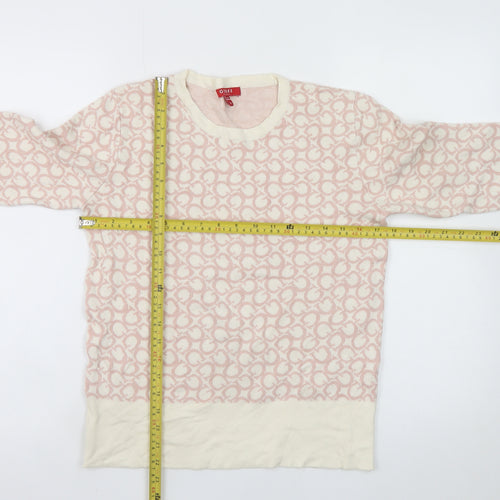 Guess Women Cream Pink Logo Knit Jumper XL Long Sleeve Crew Neck