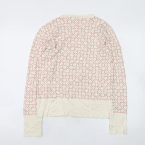 Guess Women Cream Pink Logo Knit Jumper XL Long Sleeve Crew Neck