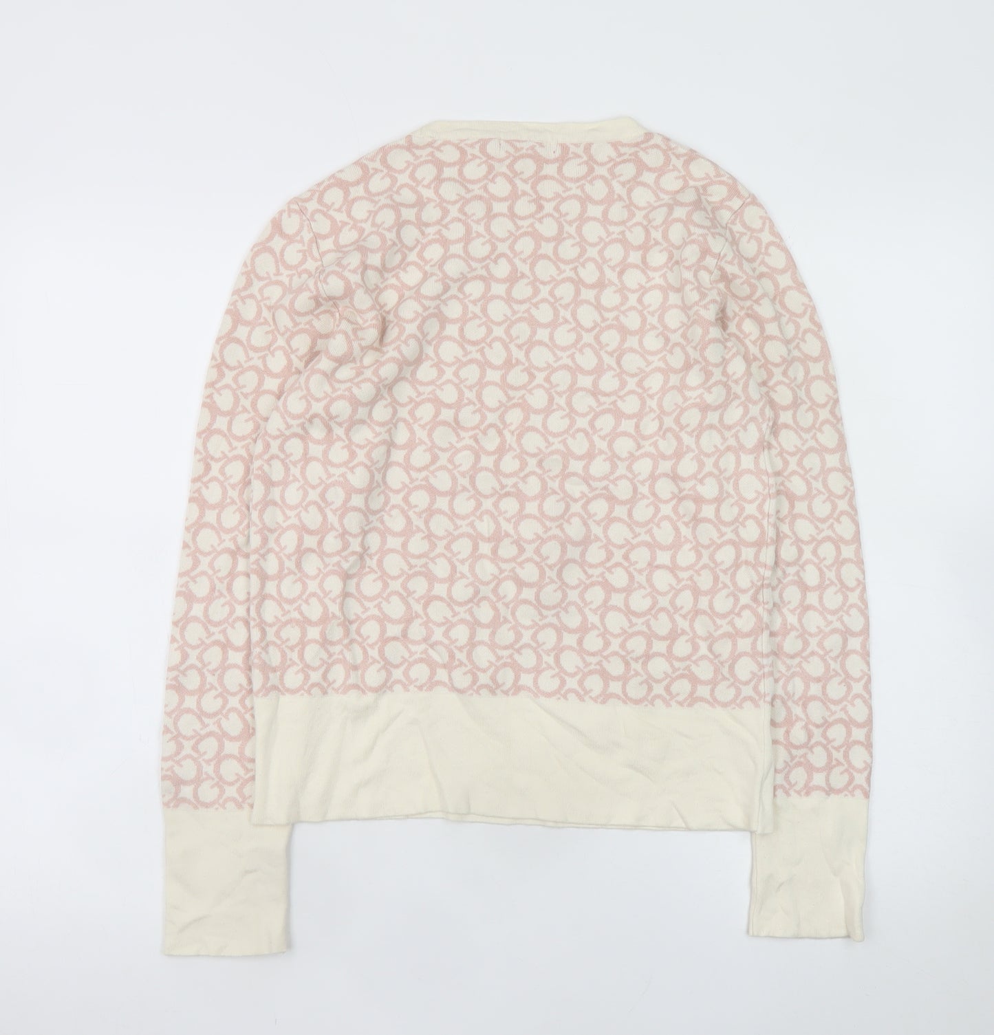 Guess Women Cream Pink Logo Knit Jumper XL Long Sleeve Crew Neck