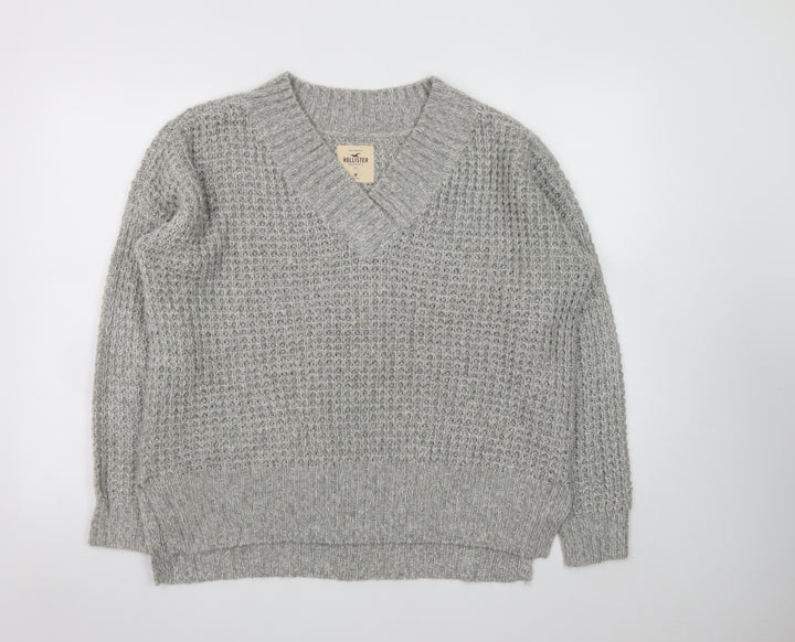 Hollister Womens Grey V-Neck Chunky Knit Pullover Jumper Size M