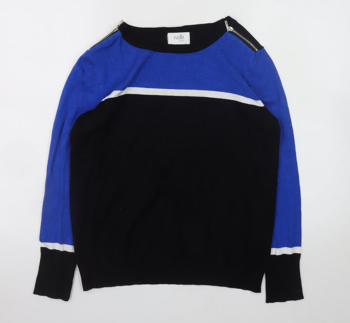 Wallis Women Blue Black Petite Size 14 Zip Shoulder Jumper